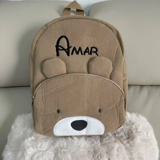 Customized Name Toddler Backpack Cartoon Bear Corduroy Large Capacity Backpack Embroidered Name Backpack Plush Bag